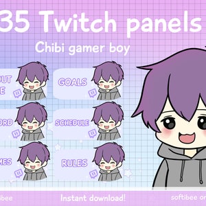 Twitch Panels chibi anime boy 35x kawaii Gamer Panels lila Haare für Profil | Discord Youtube Tiktok | Sofort einsatzbereit & Digitaler Download