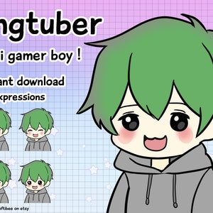 Pngtuber male ! x4 Green png tuber chibi boy anime with Green hair vtuber model male for twitch & pngtuber pre made ! Discord Youtube Tiktok