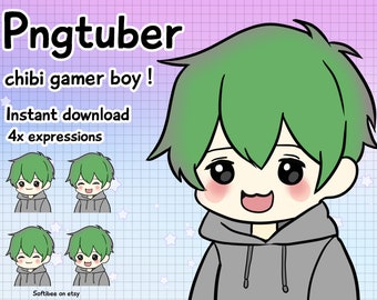 Pngknol mannetje! x4 groene png knol chibi jongensanime met groen haar vtuber model man voor twitch en pngtuber kant-en-klaar! Discord Youtube Tiktok