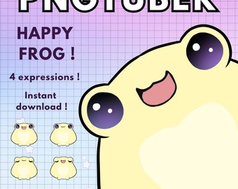 May include: PNGTuber Happy Frog! 4 expressions! Instant download! A digital illustration of a yellow frog with big eyes and a happy expression. The frog is on a pink and blue grid background with white stars.