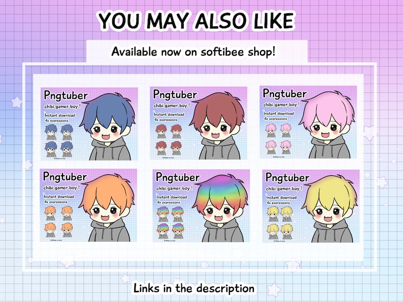 May include: A digital art graphic featuring six chibi gamer boy characters with different hair colors. Each character has a gray hoodie and is accompanied by four facial expressions. Text includes "Pngtuber" and "chibi gamer boy!"