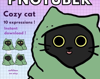 Png tuber cat ! 10x cozy pngtuber black cat & green blanket model for Twitch Youtube Twitch overlay for Gaming | Furry Vtuber Cute giftuber