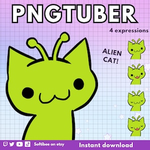 May include: A digital illustration of a green alien cat with four different facial expressions. The cat has large eyes, a small nose, and a wide mouth. The text "Alien Cat!" and "4 expressions" are also included in the image.