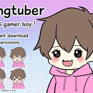 Twitch Premade PNG - Knollen Model Anime Junge mit rosa Hoodie | 4 Ausdrücke | Vtuber männliches Modell, vtuber männliches Modell, Pngtuber Modell