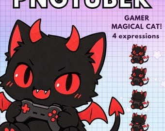 Dragon Cat Pngtuber Model Gamer !  Pre-made Vtuber model / Animal Png Tuber for Twitch & Youtube / Black Furry V-Tuber reactive image