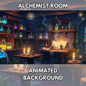 May include: An animated background image of an alchemist's room. The room is filled with shelves of colourful potion bottles, lit by candles and a glowing orb. The text "ALCHEMIST ROOM" and "ANIMATED BACKGROUND" are displayed.