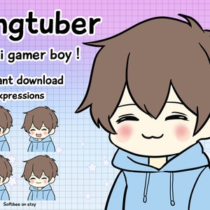 Kawaii Anime Gamer boy PNGTuber | Cute Ready Gaming brown hair VTuber Avatar For Streaming | Premade PNG Tuber Girl Twitch Discord Streamer