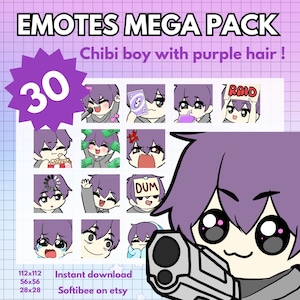 Junge Twitch Emotes , 30 Junge Emotes, Twitch Emotes, Discord Emotes, YouTube Emotes, (Schwarze Augen | Lila Haare ) einsatzbereit