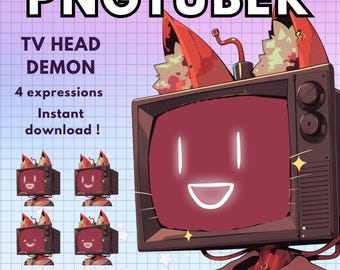 May include: A cartoon character with a TV screen for a head and red fox ears. The TV screen has a smiling face and is surrounded by a brown frame. The character is wearing a black and white jacket and has a red collar. The text "TV HEAD DEMON" and "4 expressions" is visible in the image.