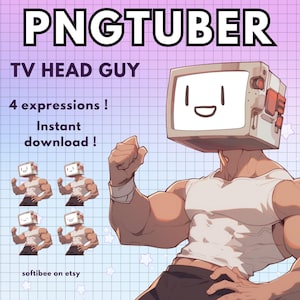 Puede incluir: Una ilustración digital de un personaje de dibujos animados con una televisión por cabeza. El personaje lleva un tanque blanco y pantalones cortos negros. La pantalla de televisión tiene una cara sonriente. El personaje está flexionando su brazo derecho. El texto "PNGTUBER TV HEAD GUY 4 expresiones! Descarga instantánea!" es visible en la imagen. El texto "softibee on etsy" también es visible en la imagen.