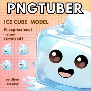 Può includere: Un personaggio di cubetto di ghiaccio blu con un'espressione felice. Il personaggio è un modello digitale con 10 espressioni diverse. Il testo "PNGTUBER ICE CUBE MODEL 10 expressions! Instant download!" è visualizzato su uno sfondo a scacchi rosa e bianco. Il testo "softibee on etsy" è anche visualizzato.