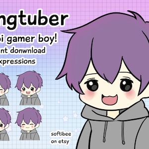 Pngtuber male ! x4 Chibi Boy Png Tuber Premade Anime Purple Hair avatars Twitch Vtuber Male Model  ! Discord Youtube Tiktok veadotube