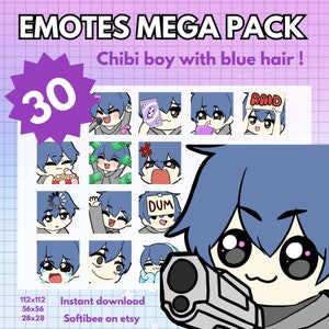 Emote Bundle Mega Pack Chibi boy With Blue Hair - 30x Twitch emotes For Gamers Streamer Male Emotes For Discord Tiktok Youtube Gaming