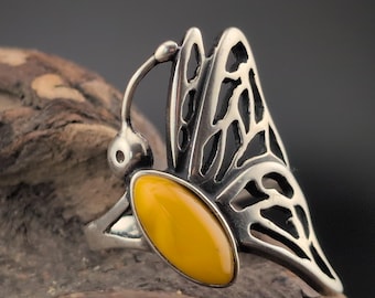 Prachtige vlinderring, 925 sterling zilver, karamelkleurige amber, vintage, antiek, met keurmerk, maat 61