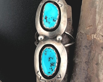 Großer Navajo Ring 925 Silber Sterling ca. Gr. 60 indigener Schmuck Türkis signiert TG / TC Kleeblatt Sanduhr Stil vintage alt selten
