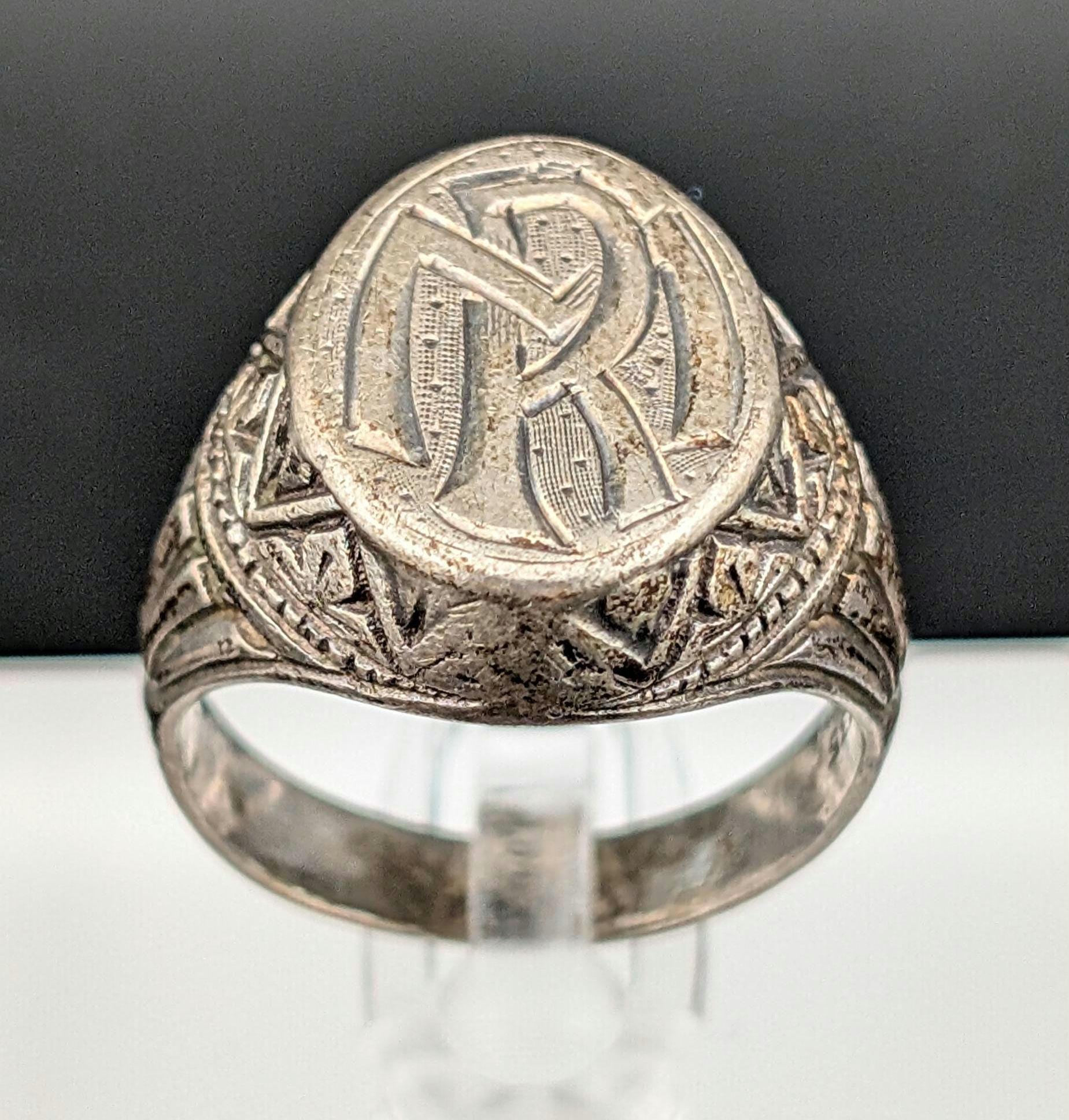 Bague Chevalière Ancienne En Argent Massif Style Art Déco - Taille 50 - Occasion