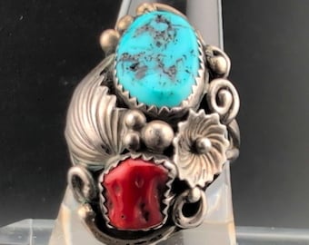 Grande anello Navajo, argento sterling 925, taglia 62, gioielli indigeni, turchese, corallo, fiori, firmato RC, rosa, Castillo, foglia, floreale, vintage