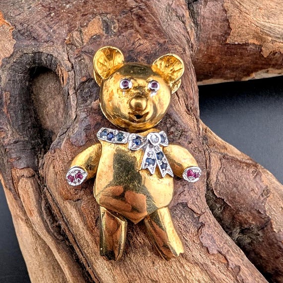 Toller süßer vintage Anhänger Sterling Silber 925 Bär vergoldet weitere Punze alles beweglich Farbsteine lila blau und weiß niedlich