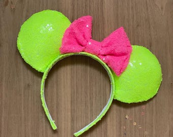 Neon Mouse Ears, Neon Yellow Mouse Ears, Custom Handmade Disney Inspired Mouse Ears, Fluorescent Mouse Ears