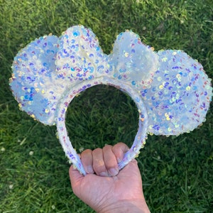 Custom Handmade Disney Inspired Mickey Ears - White Sequin Mouse Ears, Chunky Sequin Ears, Flip sequin ears, iridescent mouse ears