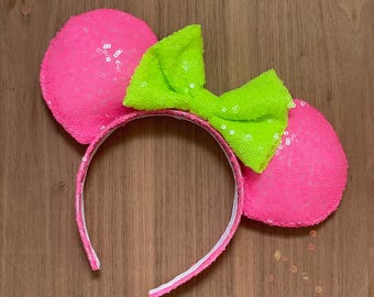 Neon Pink Mouse Ears, Custom Handmade Disney Inspired Mickey Ears, Hot Pink Mouse Ears, Fluorescent mouse ears