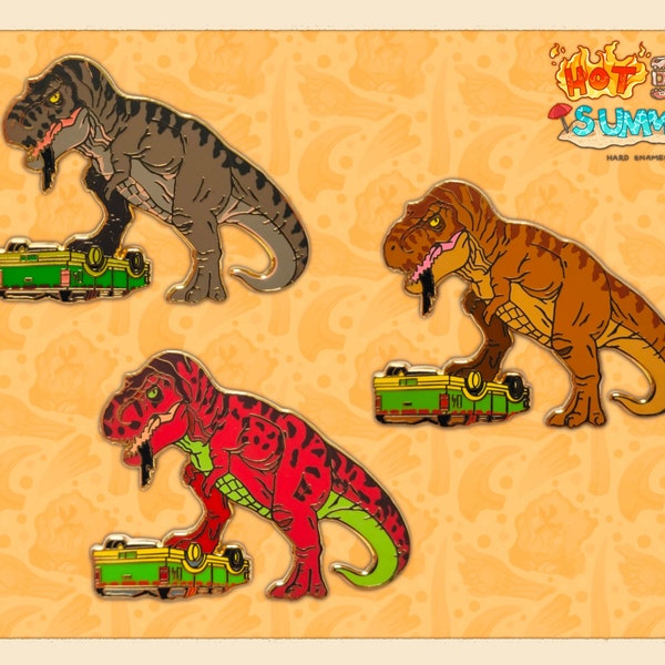 Tyrannosaurus Rex and Crushed Car 2" Hard Enamel Pin - Lapel Pin Gift
