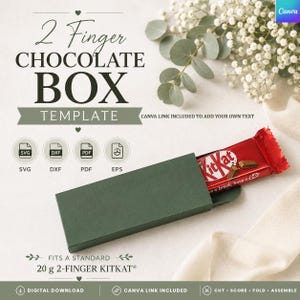 May include: A dark green rectangular paper box template for a 2-finger chocolate bar. The text reads 2 Finger CHOCOLATE BOX TEMPLATE, SVG, DXF, PDF, EPS, and FITS A STANDARD 20 g 2-FINGER KITKAT. A red KitKat bar is partially inserted into the box.