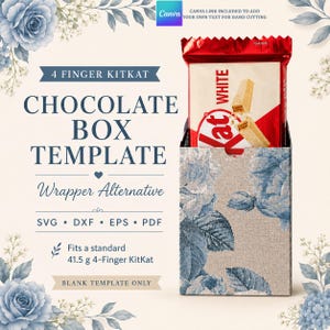 May include: A 4-finger KitKat chocolate box template featuring blue floral patterns. The text reads 4 FINGER KITKAT CHOCOLATE BOX TEMPLATE Wrapper Alternative SVG DXF EPS PDF Fits a standard 41.5 g 4-Finger KitKat BLANK TEMPLATE ONLY.