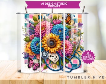 Floral Stethoscope Tumbler Wrap: Sunflower Doctor MD Design (PNG Digital Download)