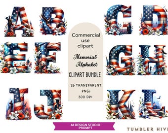 Paquete de imágenes PNG del alfabeto patriótico / Imágenes prediseñadas de las letras de la bandera de EE. UU. de la A a la Z (descarga digital)