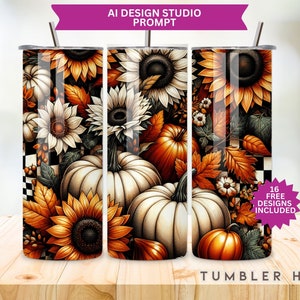 Autumn Pumpkins Tumbler Wrap, 20 oz Skinny Sublimation Tumbler Design, Floral Print Sublimation Design Png, Pumpkin Tumbler Png Downloads