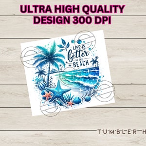 May include: A digital design featuring a palm tree, ocean waves, and seashells with the text "Life is better at the beach".