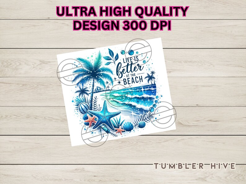 May include: A digital design featuring a palm tree, ocean waves, and seashells with the text "Life is better at the beach".
