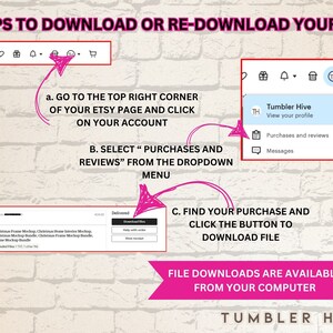 May include: A pink and white graphic with instructions on how to download or re-download a digital file from Etsy. The graphic includes a screenshot of the Etsy website and a pink arrow pointing to the "Purchases and reviews" section.