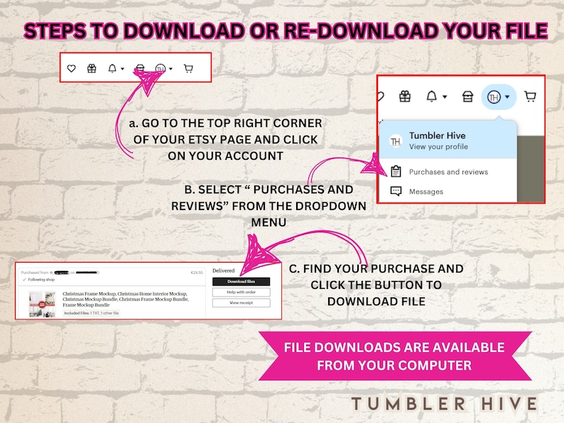 May include: A pink and white graphic with instructions on how to download or re-download a digital file from Etsy. The graphic includes a screenshot of the Etsy website and a pink arrow pointing to the "Purchases and reviews" section.