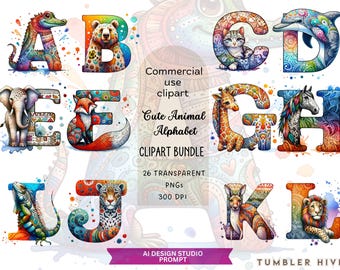 Animal Alphabet Clipart Bundle | ABC Letters for Kids, Commercial Use (Digital Download)