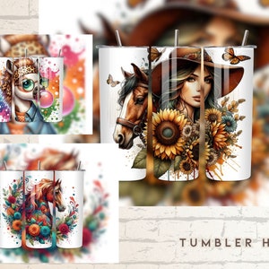 May include: Three stainless steel tumblers with different designs. The first tumbler features a cartoon giraffe with a pink bubble. The second tumbler features a woman with long hair wearing a cowboy hat and sunflowers. The third tumbler features a horse with flowers.