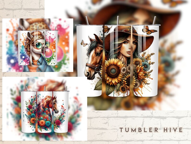 May include: Three stainless steel tumblers with different designs. The first tumbler features a cartoon giraffe with a pink bubble. The second tumbler features a woman with long hair wearing a cowboy hat and sunflowers. The third tumbler features a horse with flowers.