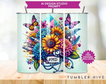 Floral Stethoscope Tumbler Wrap: Sunflower Doctor Design (PNG Digital Download)