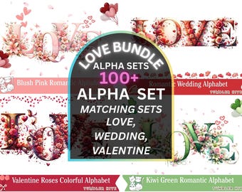 Love, Wedding, Valentine Floral Clipart Alphabet Numbers PNG Bundle (Digital Download)