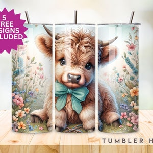 Cute Highland Cow Tumbler Wrap, 20 oz Skinny Sublimation Tumbler Design,Floral Print Sublimation Design Png, Funny Cow Tumbler Png Downloads
