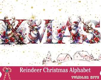 Christmas Alphabet Reindeer PNG: Festive Tumbler Wrap, Mugs, Ornaments (Digital Download)
