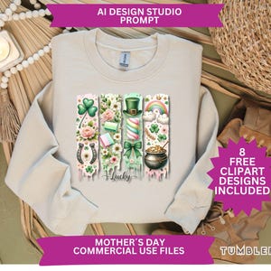 May include: A beige sweatshirt with a design of four vertical stripes featuring a variety of St. Patrick's Day themed illustrations, including shamrocks, horseshoes, a leprechaun hat, and a pot of gold. The text "Lucky" is printed below the design.