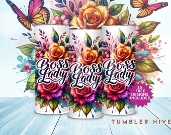 May include: Three white stainless steel tumblers with a floral design and the text "Boss Lady" printed on each. The flowers are in shades of pink, yellow, and purple. The background is a watercolor-style design with splashes of color.