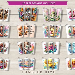 May include: 16 free designs for sublimation tumblers. The designs feature a variety of themes, including animals, flowers, and inspirational quotes. The designs are perfect for creating personalized tumblers for yourself or as gifts.