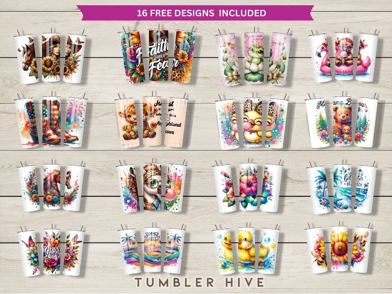 May include: 16 free designs for sublimation tumblers. The designs feature a variety of themes, including animals, flowers, and inspirational quotes. The designs are perfect for creating personalized tumblers for yourself or as gifts.