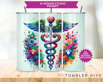 Envoltura para vaso con caduceo floral: Diseño delgado de sublimación de 20 oz (PNG)