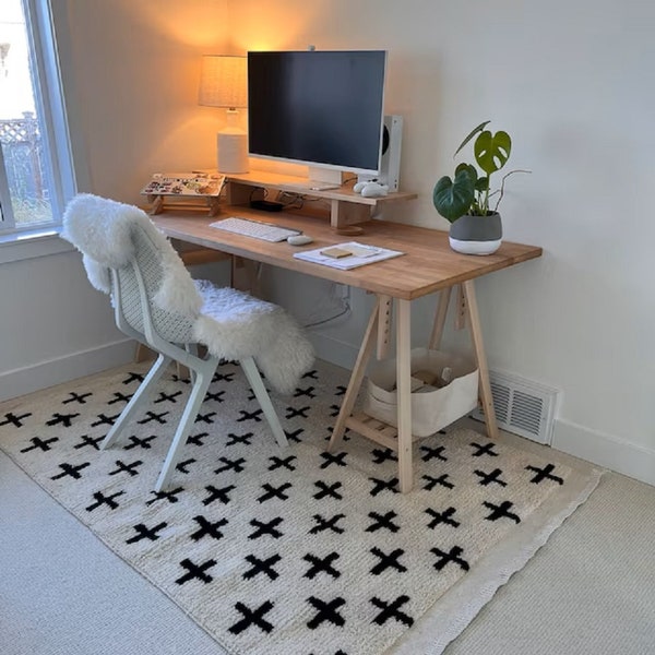 Black cross on white background, Moroccan Rug, Handmade rug, Berber rug, Beni ouarain rug, black cross, Customizable rug.