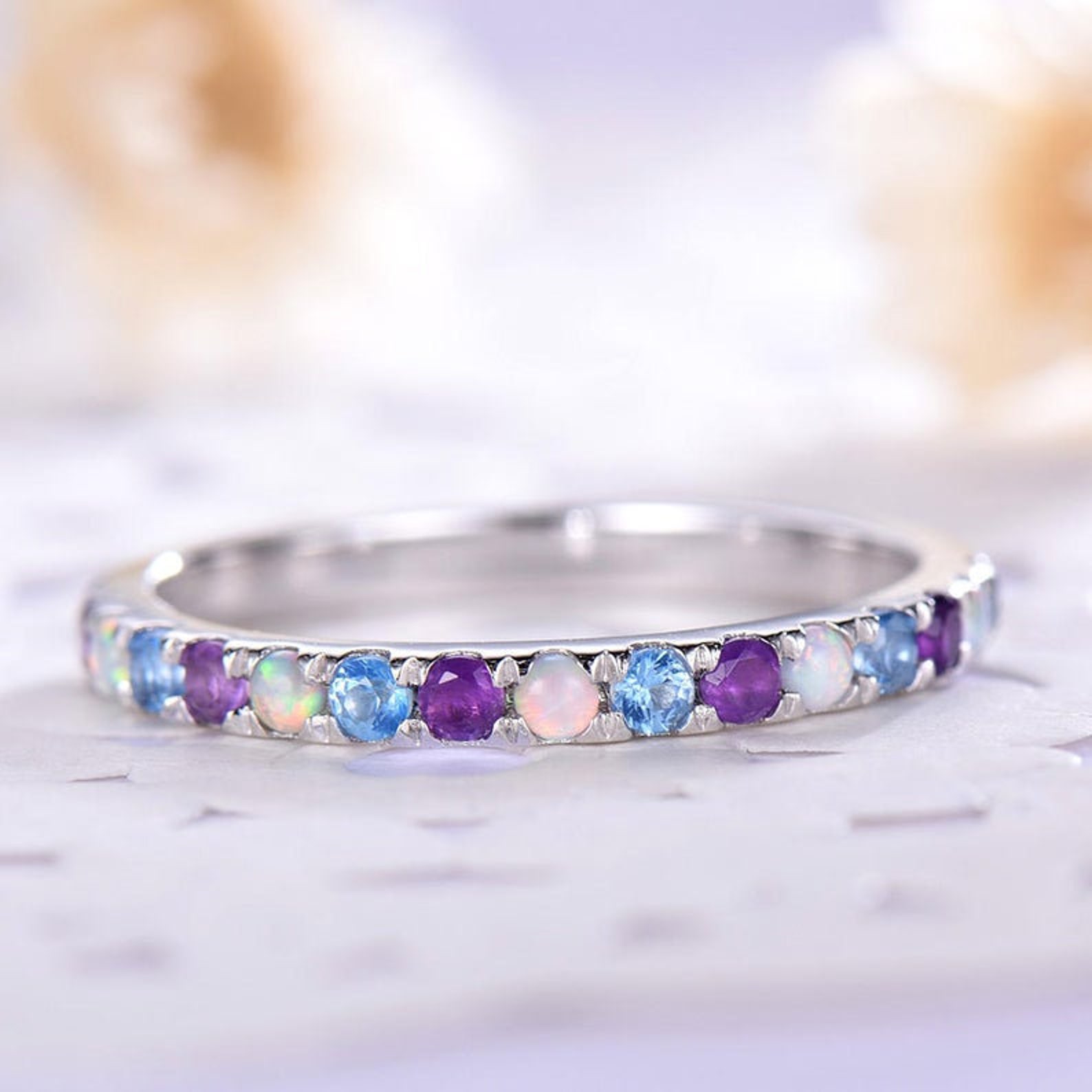 Amethyst Opal and Topaz Wedding band Yellow Gold Round Etsy