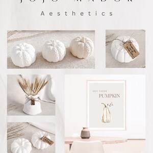 May include: A collection of white ceramic pumpkins with a rustic, farmhouse aesthetic. The pumpkins are decorated with twine and tags that say "Pumpkin Spice" and "Cozy". There is also a print with the text "Hey There Pumpkin" and a watercolor illustration of a pumpkin.
